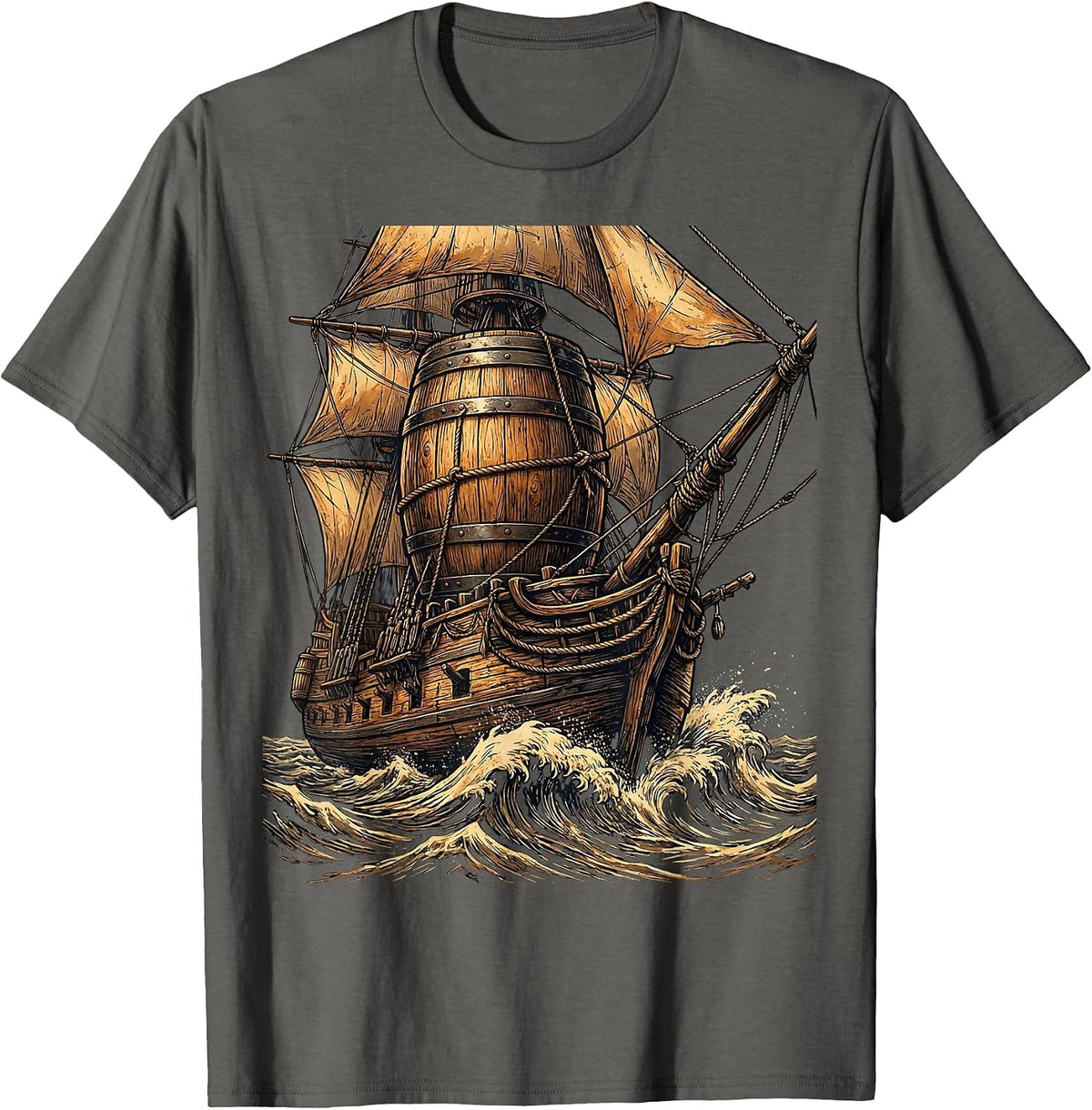 Old Wooden Ship Beer Barrel Mast Illustration T-Shirt - Asphalt Grey