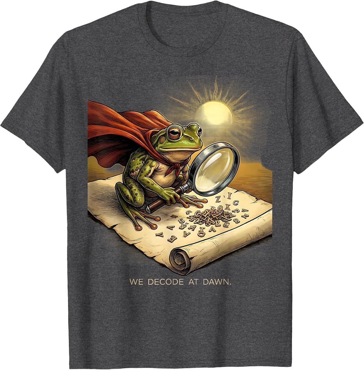 We Decode At Dawn Funny Frog Teacher English Reader Back T-Shirt - Dark Heather Grey