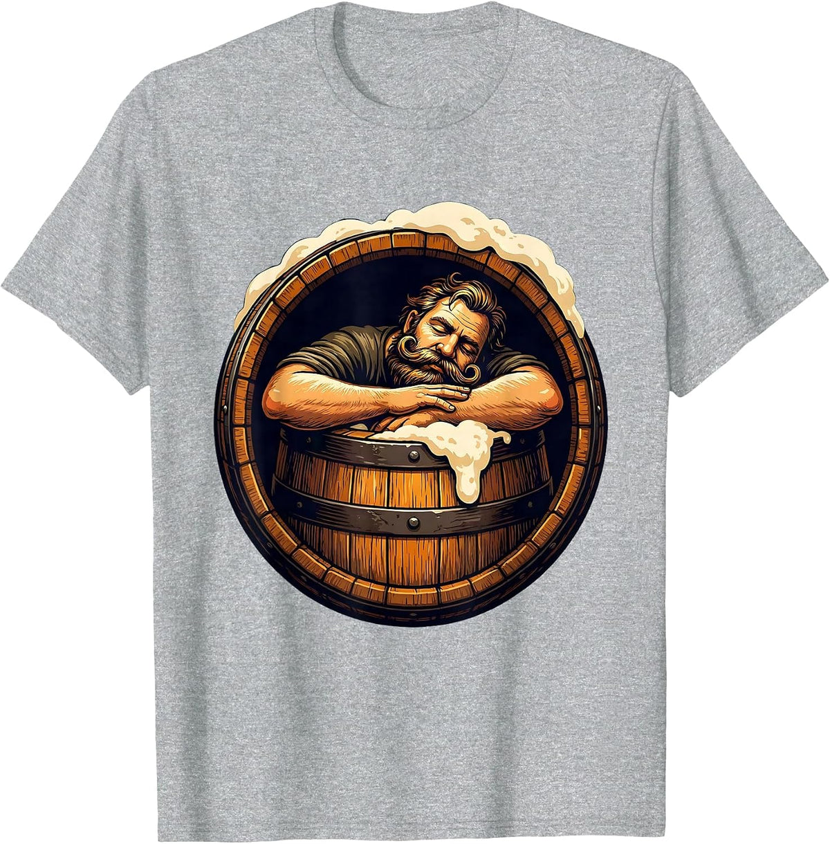 Men's Mustachioed Napping in Beer Barrel Illustration T-Shirt - Heather Grey