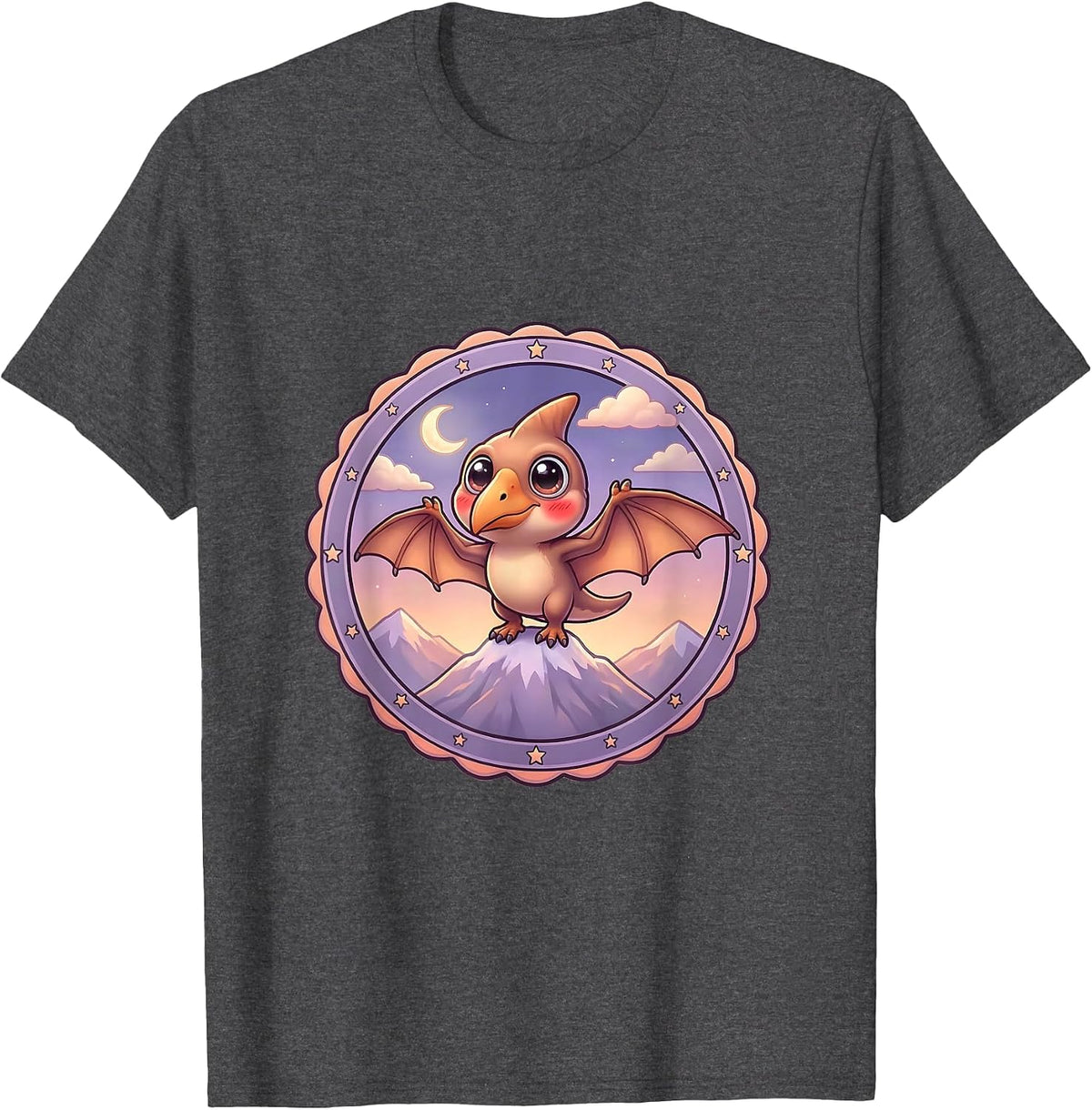 Men's Pterodactyl Mountain Peak Dusk Dinosaur Design T-Shirt - Dark Heather Grey