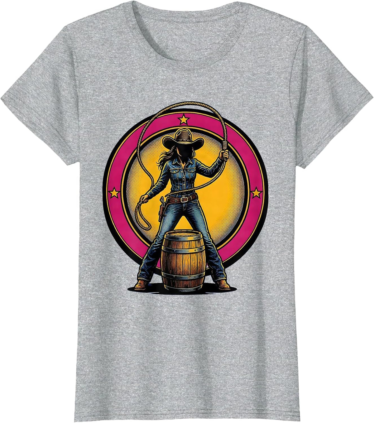 Cowgirl Lasso Beer Barrel Western Graphic T-Shirt - Heather Grey