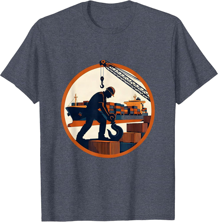 Labor Day Dock Worker Cargo Ship Port Illustration T-Shirt - Heather Blue
