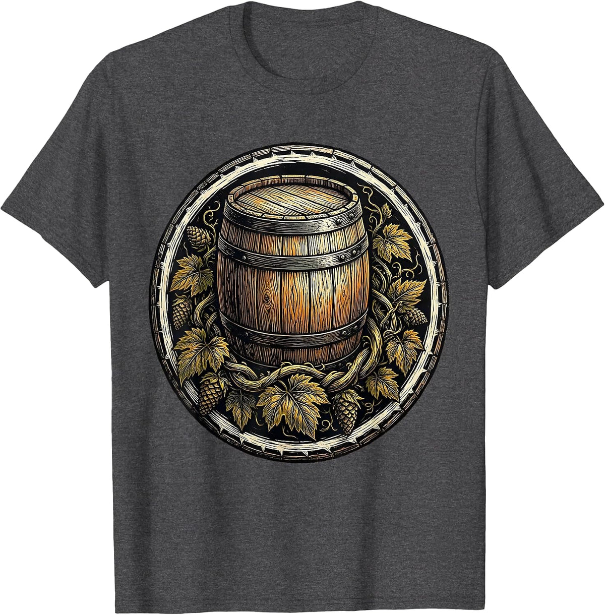 Hop Vines and Barrel Craft Beer Illustration T-Shirt - Dark Heather Grey