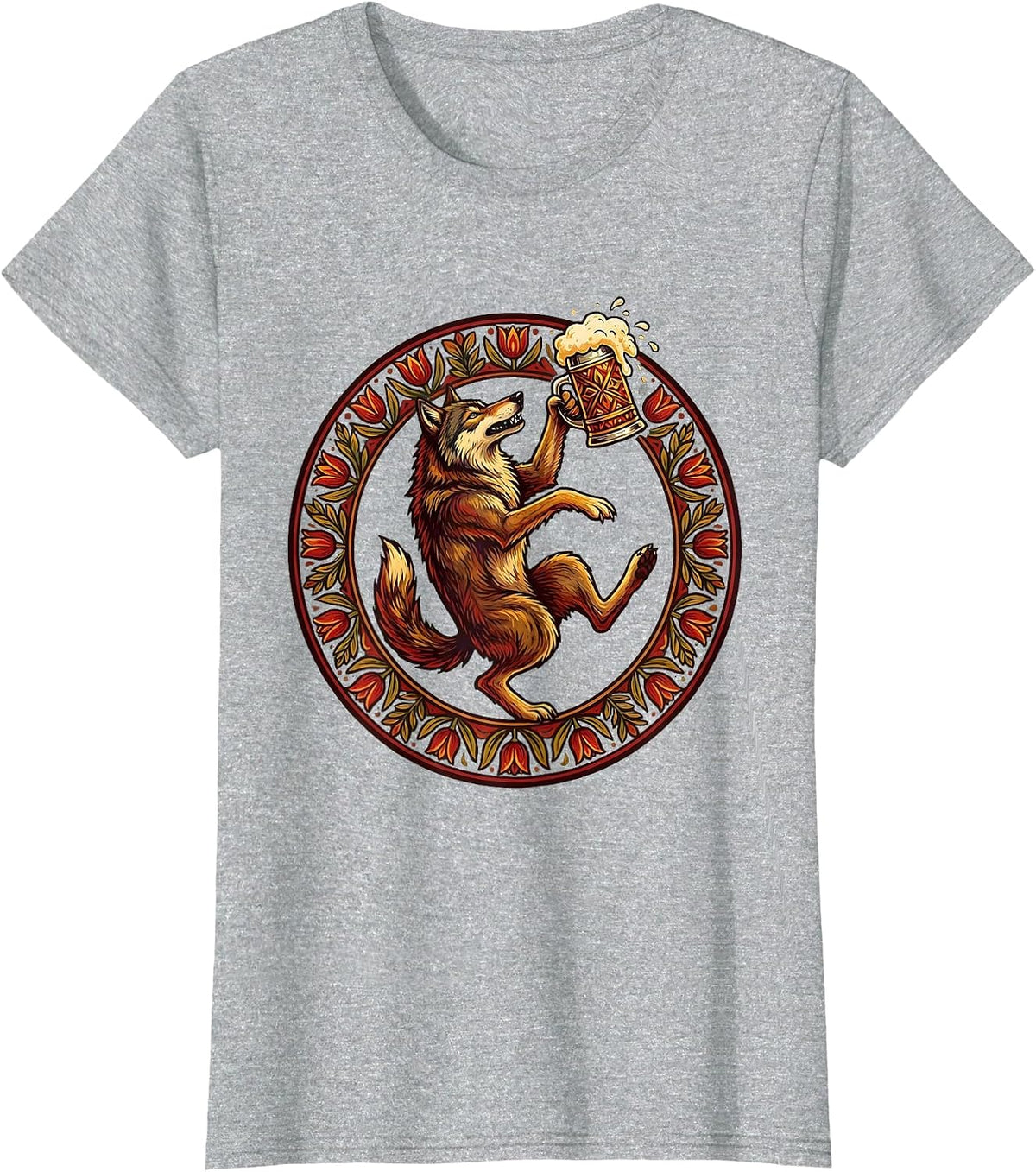 Wolf Howling with Beer Stein Prost Graphic T-Shirt - Heather Grey