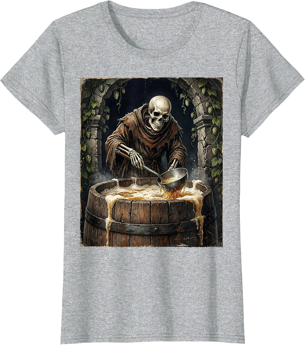 Women's Skeleton Monk Brewing Beer in Cellar T-Shirt - Heather Grey