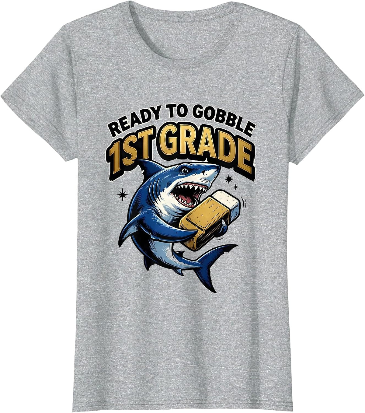 Ready To Gobble 1st Grade Funny Shark Back To School Kids T-Shirt - Heather Grey