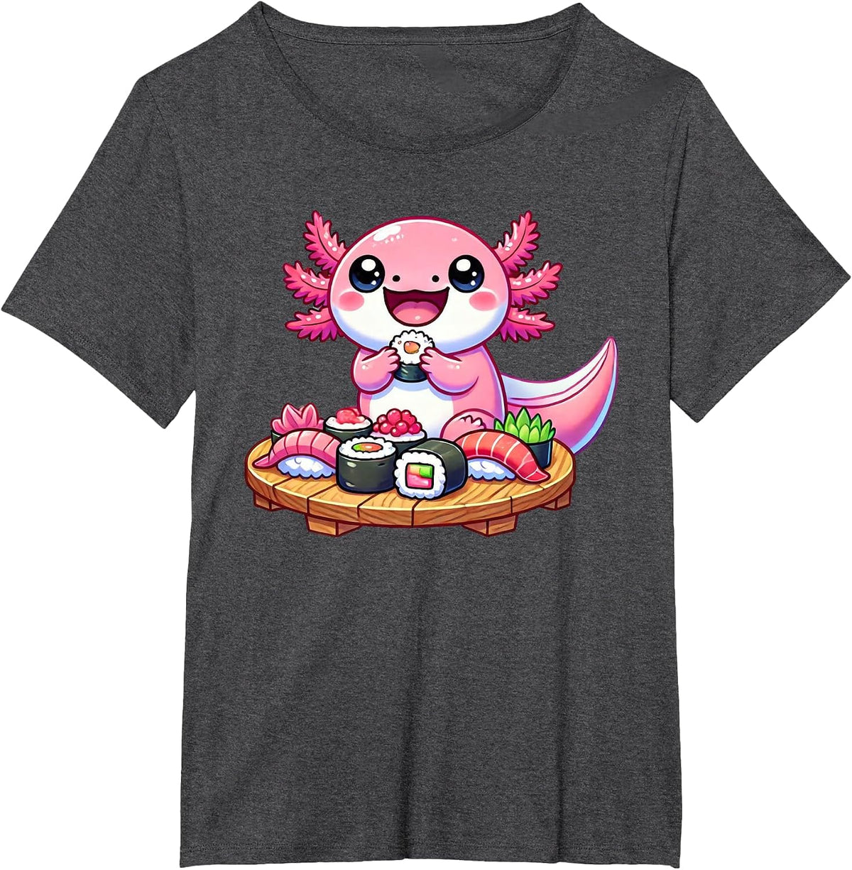 Kawaii Axolotl Eating Sushi T-Shirt - Dark Heather Grey