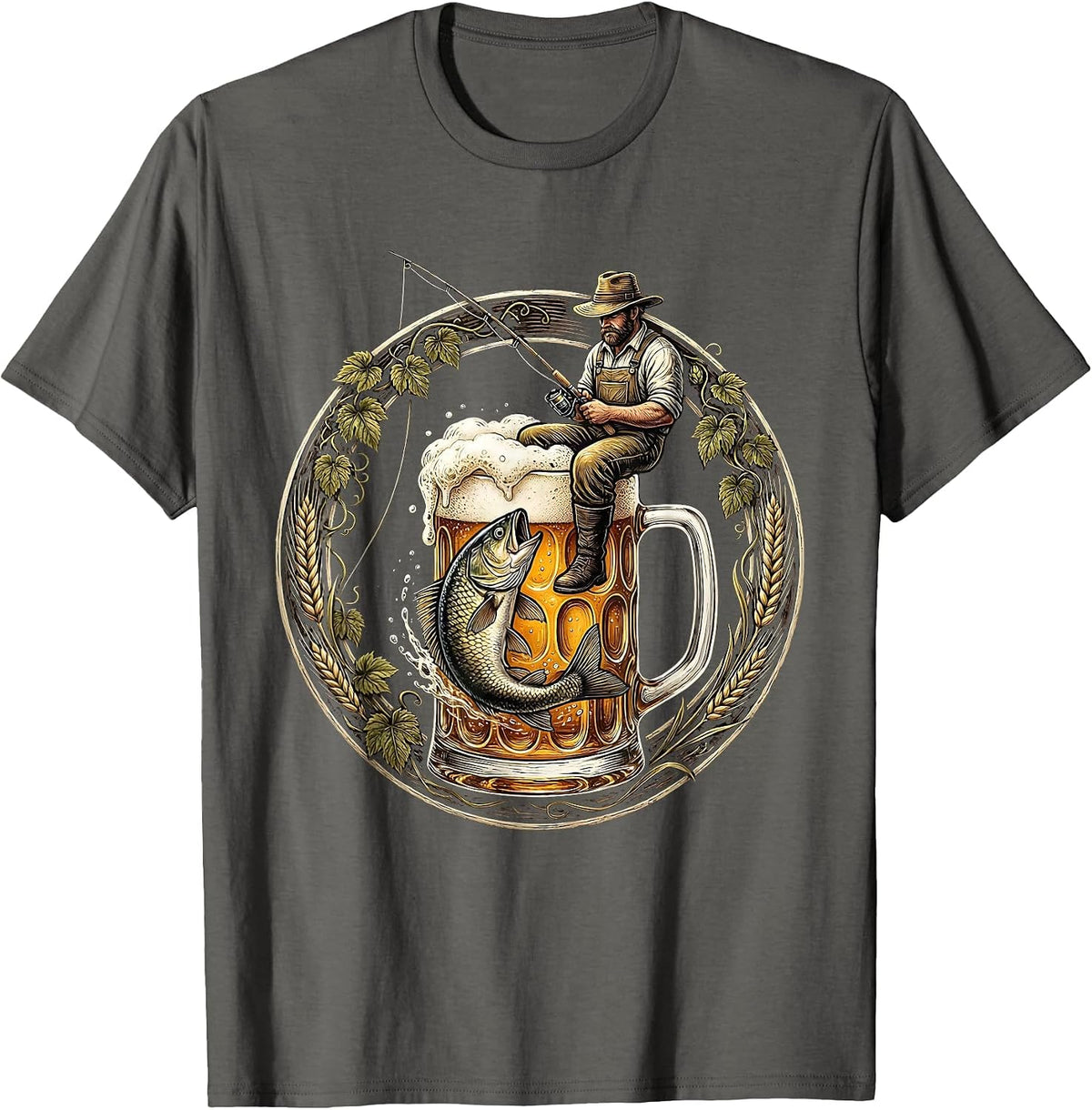 Men's Fisherman Catching Fish in a Beer Glass T-Shirt - Asphalt Grey