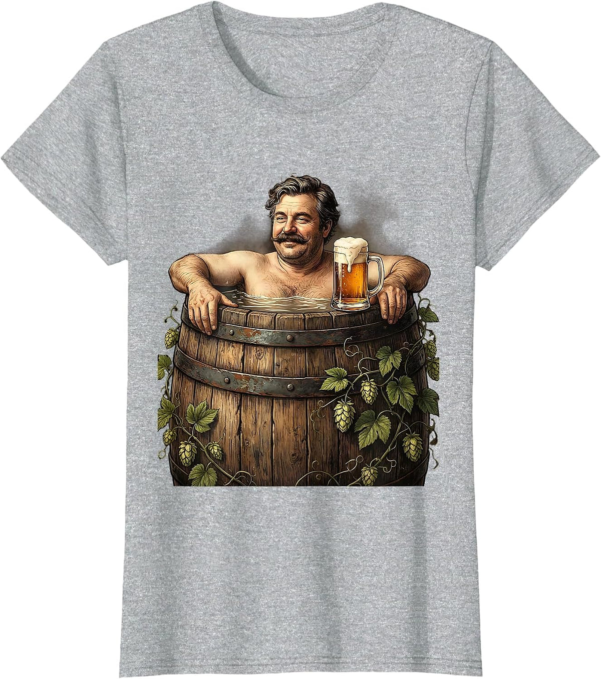 Mustachioed Relaxing in Beer Barrel Illustration T-Shirt - Heather Grey