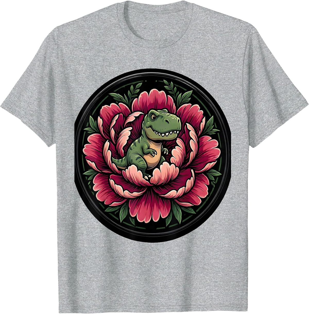 Men's Dinosaur Silhouette Blooming Peony Floral Design T-Shirt - Heather Grey