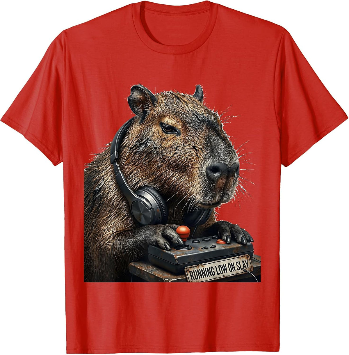 Men's running low on slay Distressed Capybara Gamer Meme Humor T-Shirt - Red