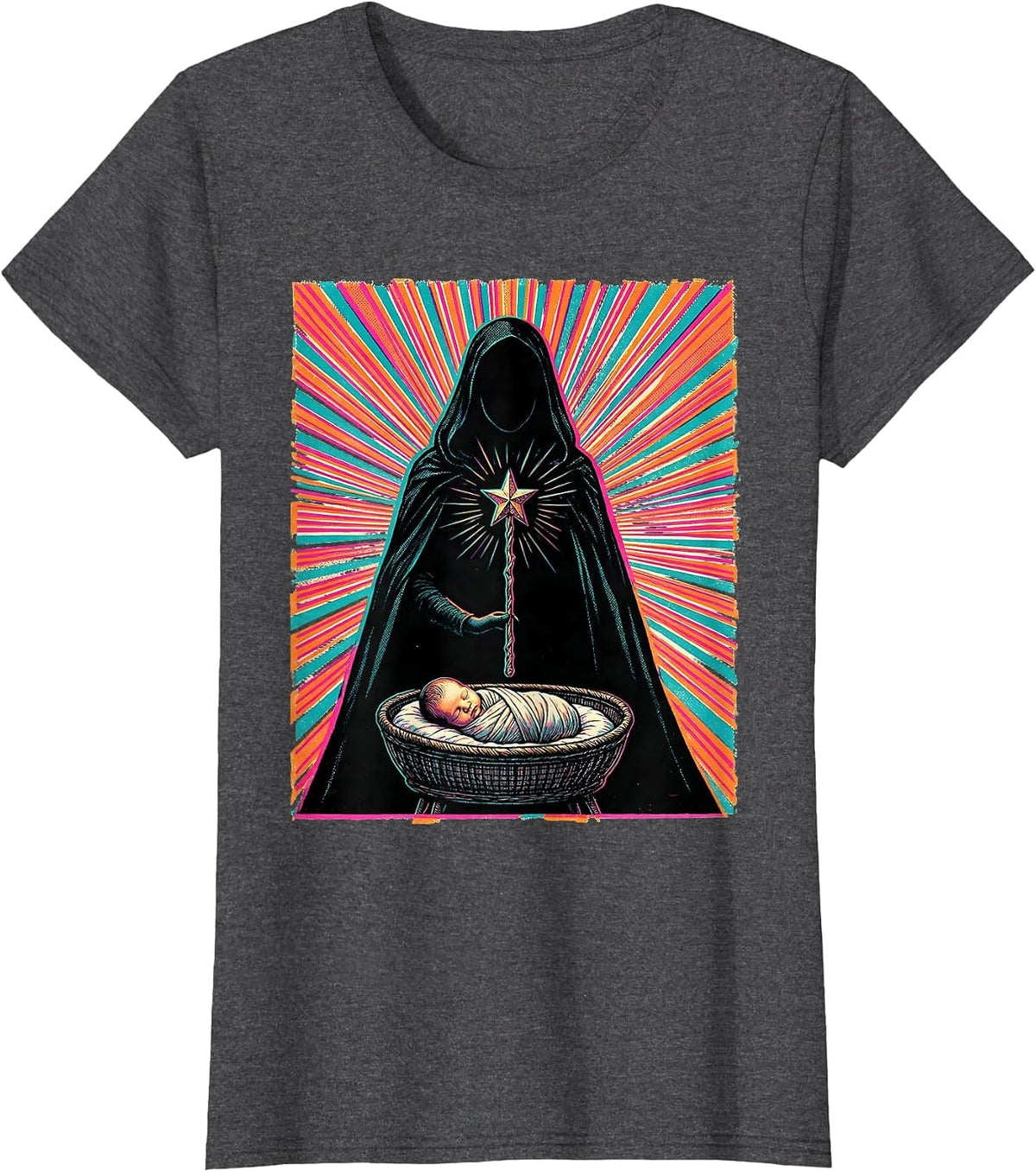 Women's Broad Fairy Godmother New Baby Keepsake Risograph T-Shirt - Dark Heather Grey