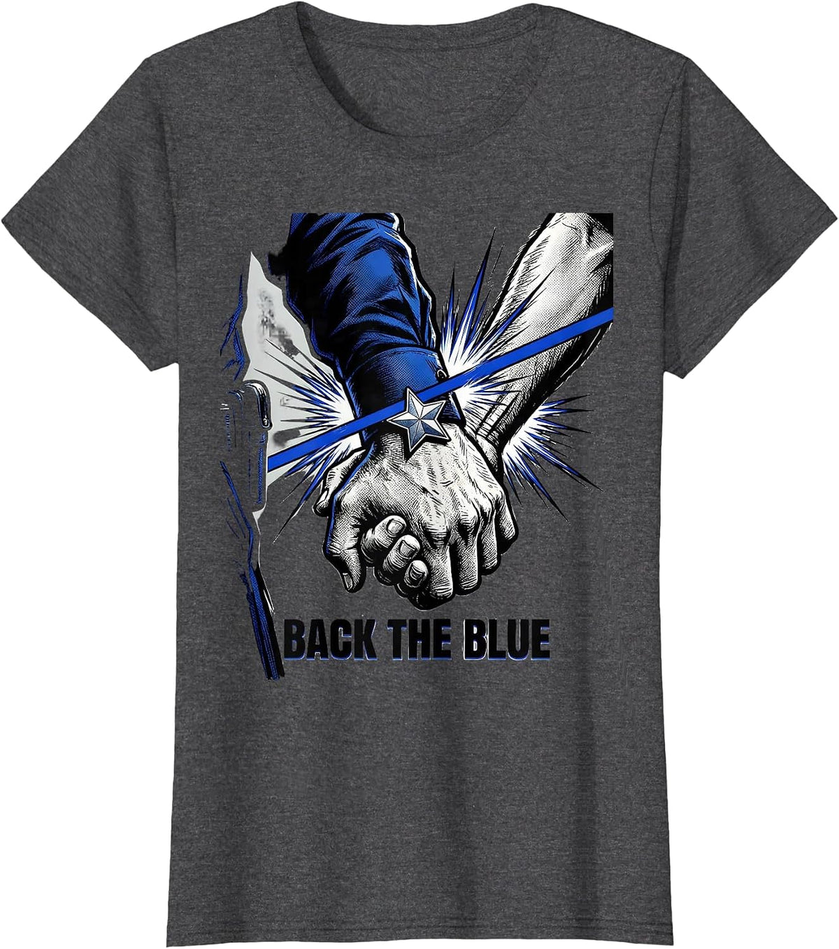 Women's Back The Blue Comic Book Thin Blue Line Police Support T-Shirt - Dark Heather Grey