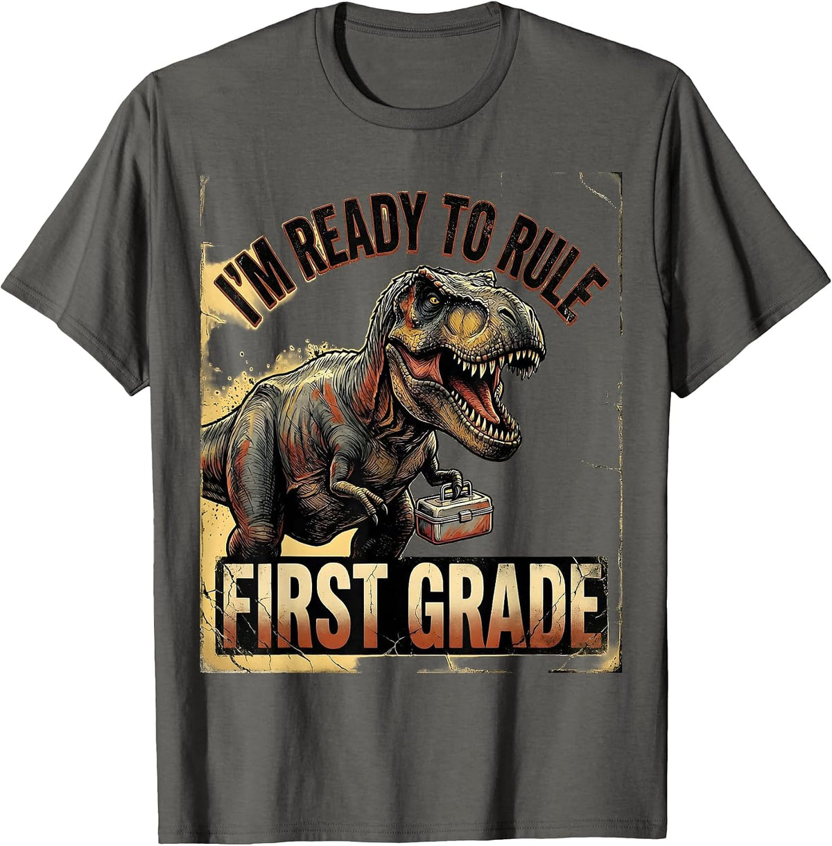 Men's I'm Ready To Rule First Grade Distressed Dinosaur Back T-Shirt - Asphalt Grey