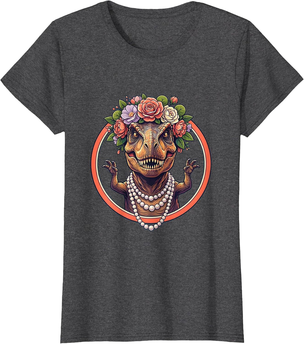 Women's Floral Crown T-Rex Dinosaur Illustration T-Shirt - Dark Heather Grey