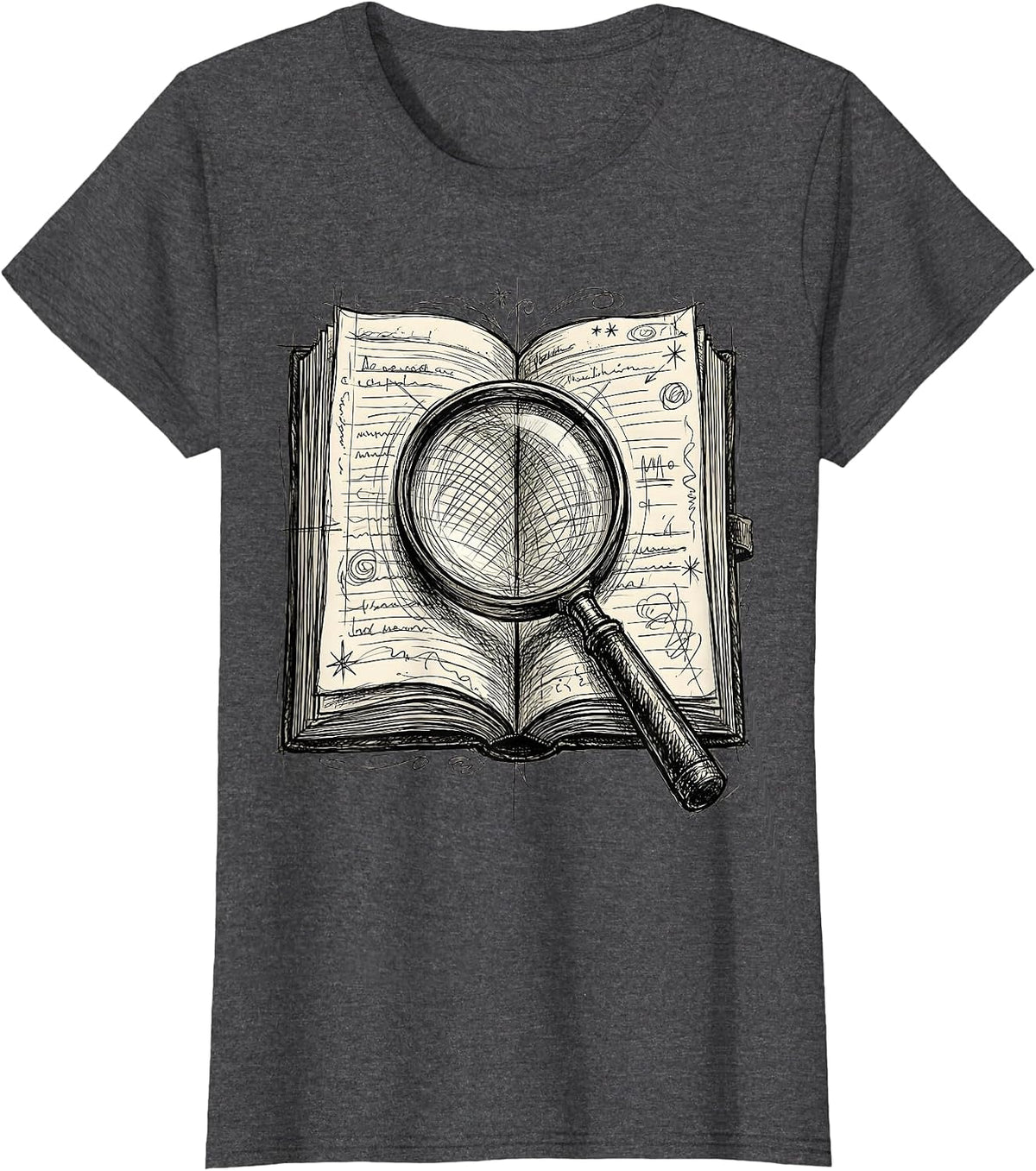 Women's English Teacher Open Book Magnifying Glass Design T-Shirt - Dark Heather Grey