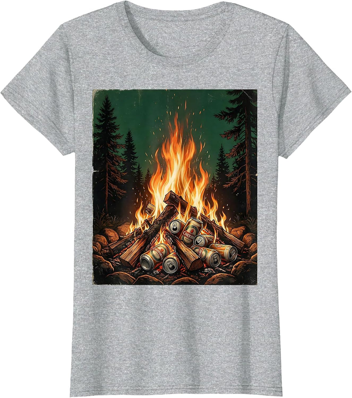 Campfire Beer Cans Pine Trees Outdoor Nature Art T-Shirt - Heather Grey