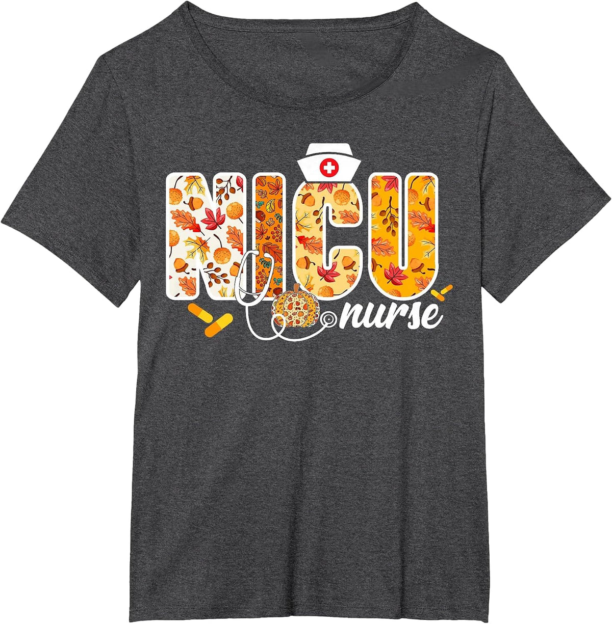 NICU Nurse Fall Autumn Leaves Thanksgiving Healthcare Worker T-Shirt - Dark Heather Grey
