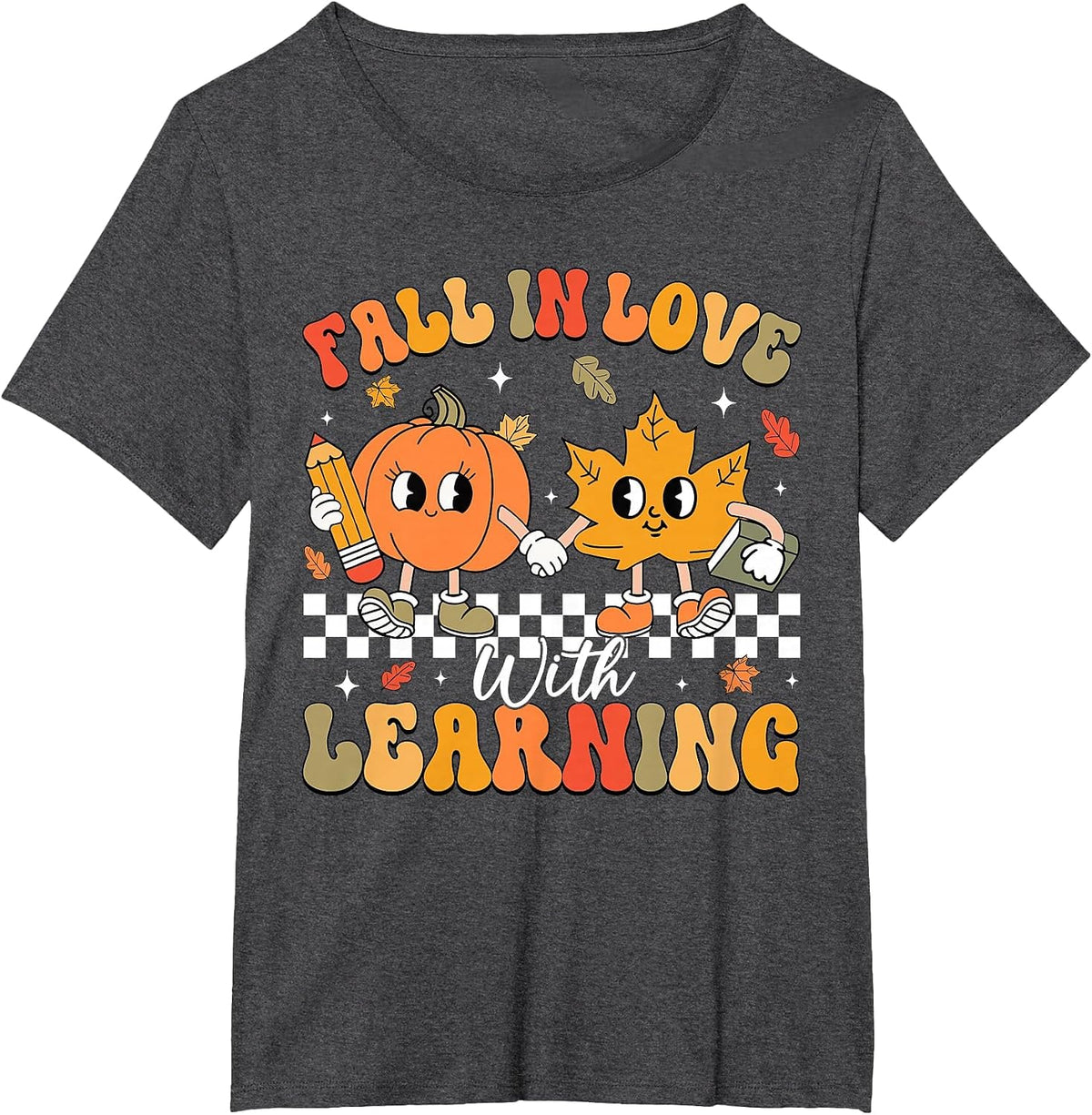Retro Fall in Love with Learning Autumn Pumpkin Teacher T-Shirt - Dark Heather Grey