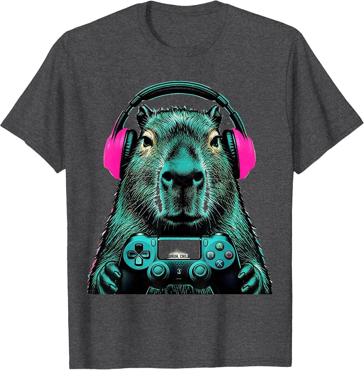 BRUH, CHILL Funny Capybara Gamer Meme Humor T-Shirt - Dark Heather Grey