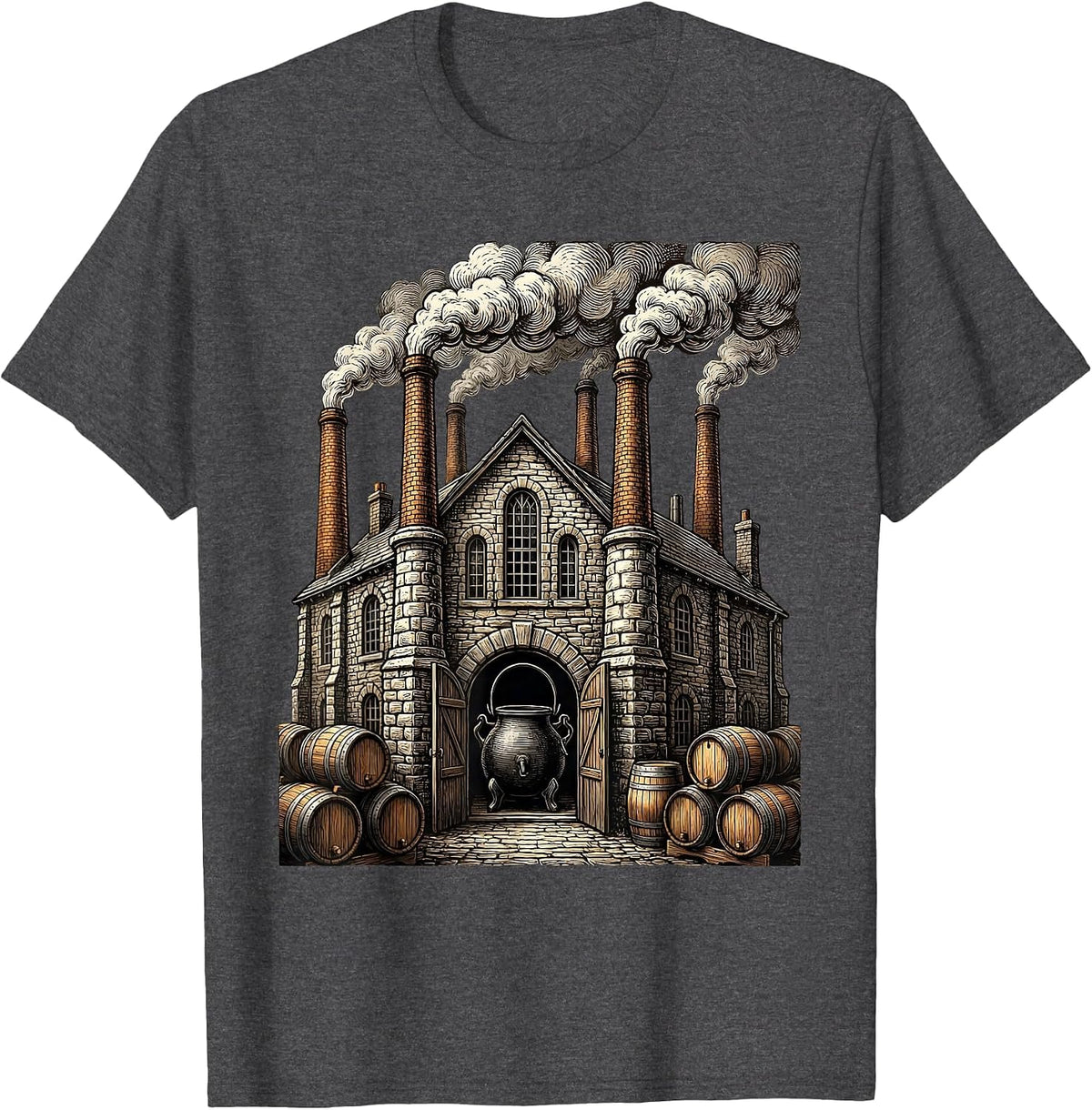 Old-Fashioned Brewery Smoking Chimneys Graphic T-Shirt - Dark Heather Grey