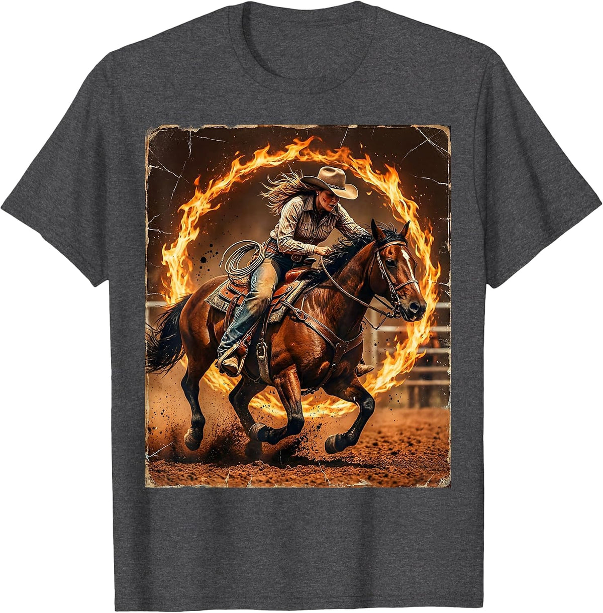 Cowgirl Barrel Racing Fire Ring Graphic T-Shirt - Dark Heather Grey