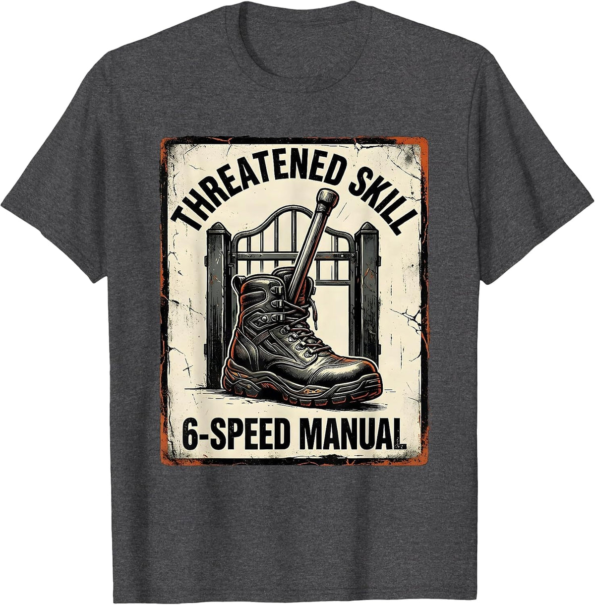 Threatened Skill 6-Speed Manual Distressed Car Guy Mechanic T-Shirt - Dark Heather Grey