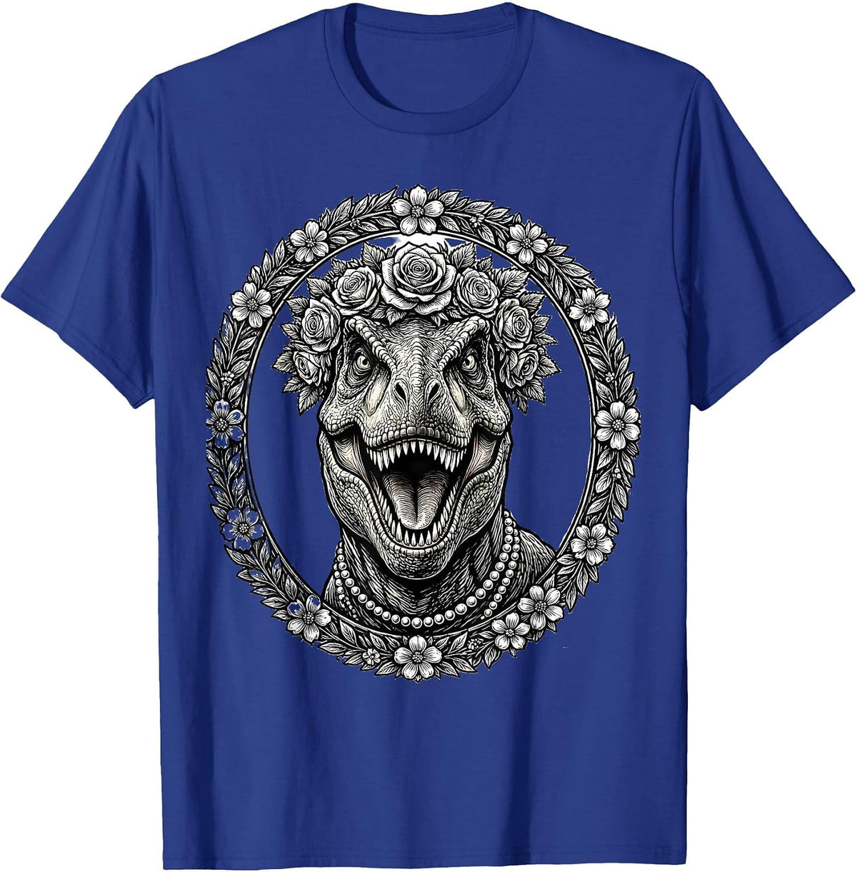 Floral Crown T-Rex Dinosaur with Pearls Design T-Shirt - Royal Blue