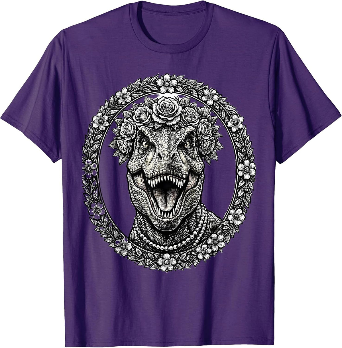 Floral Crown T-Rex Dinosaur with Pearls Design T-Shirt - Purple