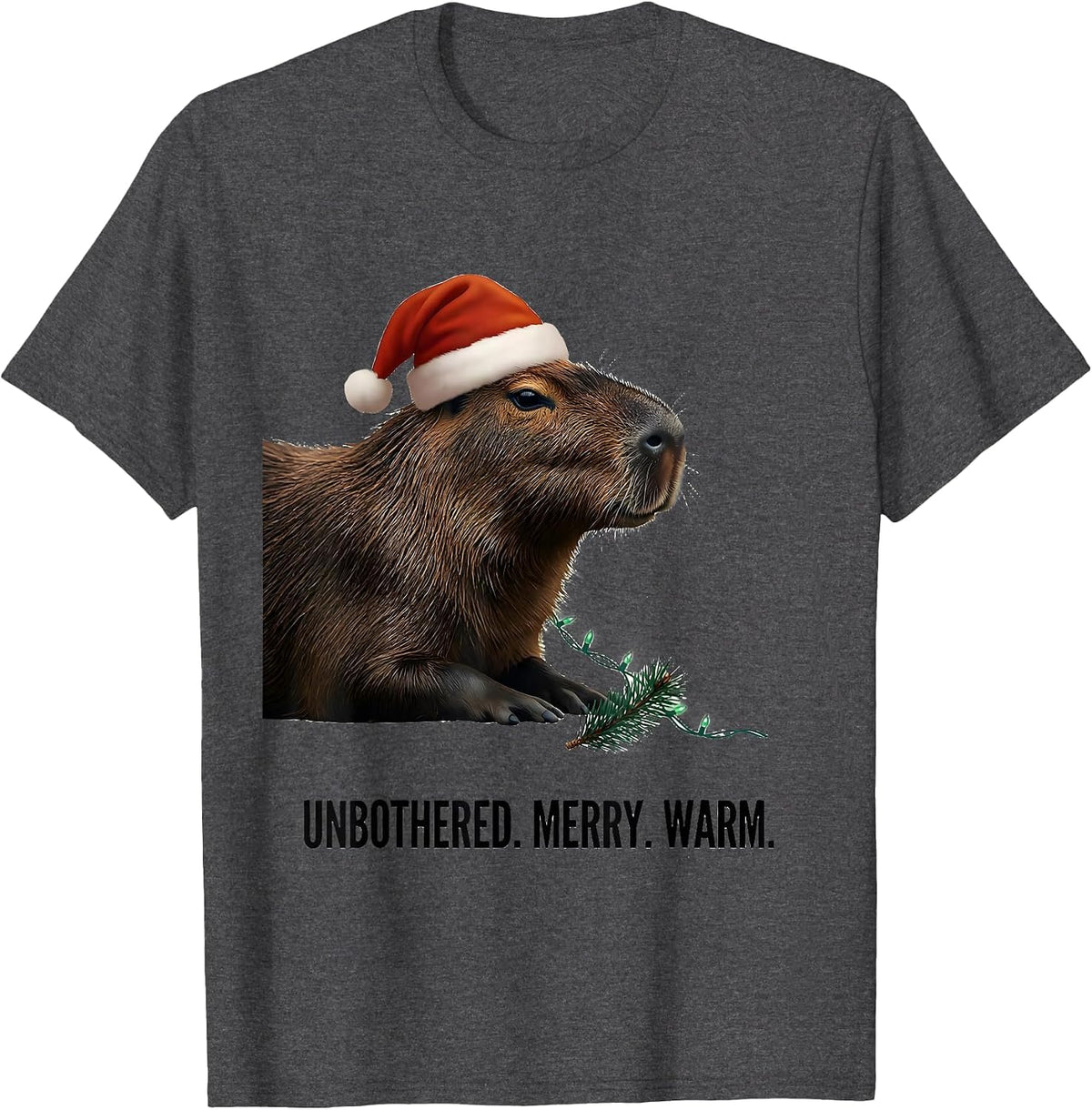Unbothered. Merry. Warm. Cute Capybara Christmas Family T-Shirt - Dark Heather Grey