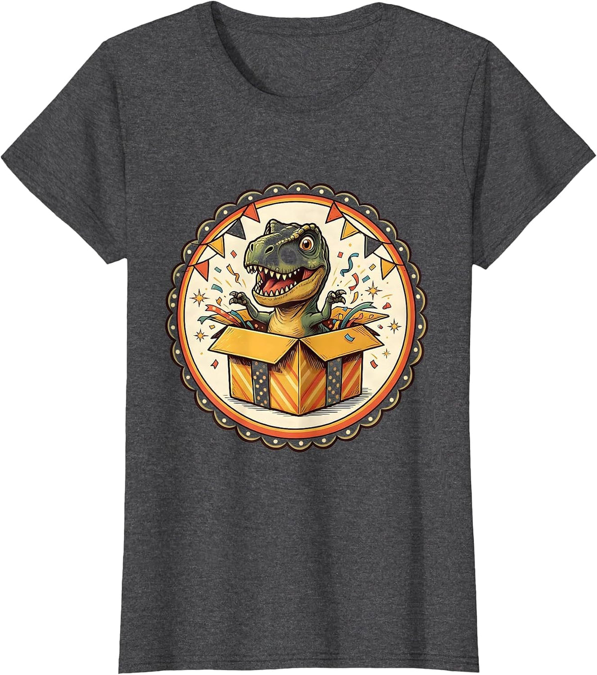 Women's Dinosaur Peeking Out of Gift Box Birthday Design T-Shirt - Dark Heather Grey