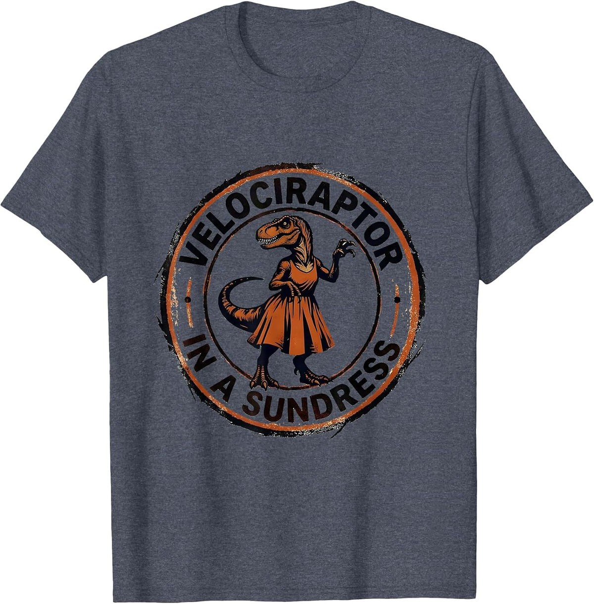 Velociraptor in a Sundress Dinosaur Design T-Shirt - Heather Blue