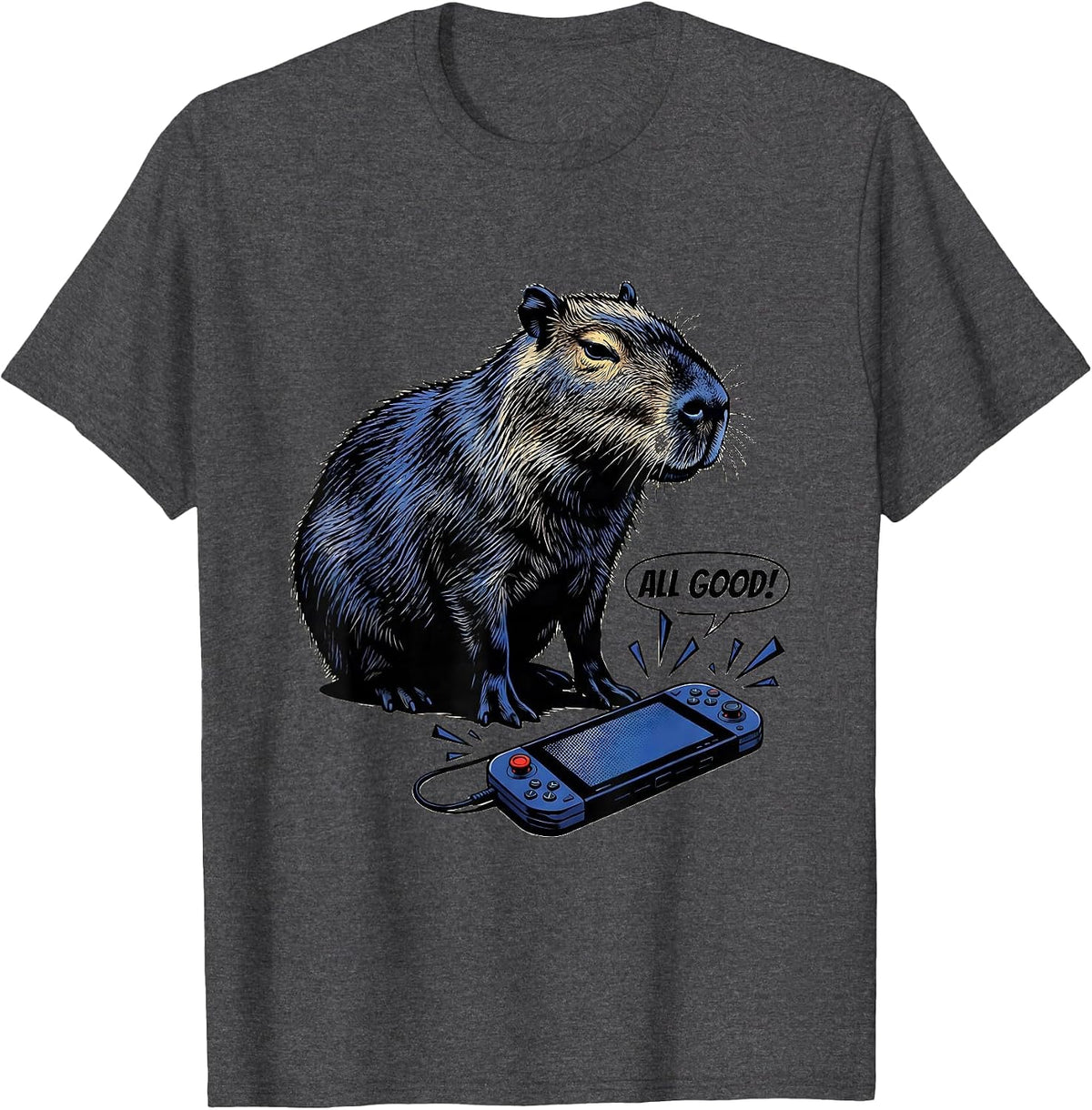 Men's All Good Comic Book Capybara Gamer Meme Humor T-Shirt - Dark Heather Grey