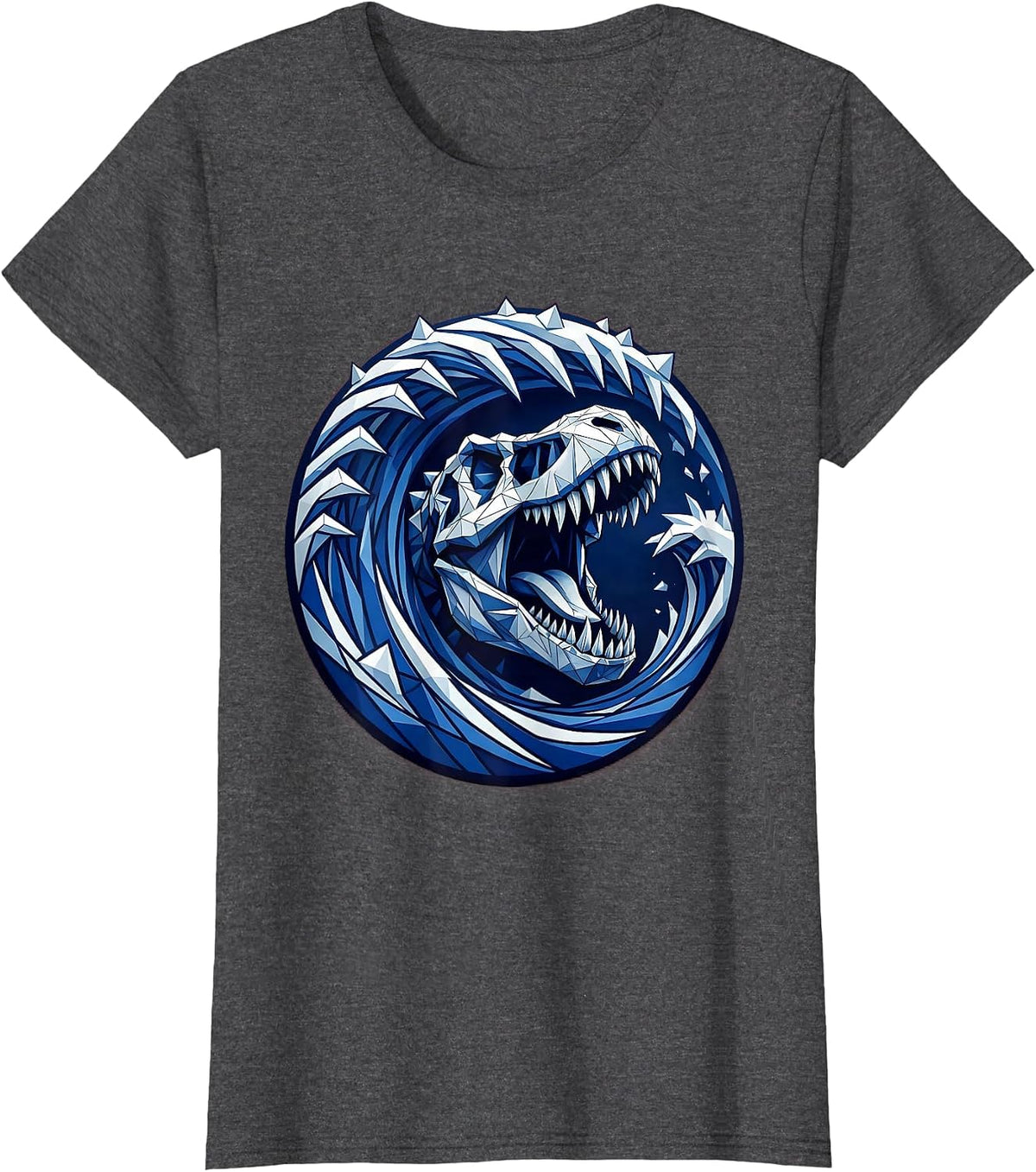 Women's T-Rex Roaring Ocean Wave Dinosaur Graphic T-Shirt - Dark Heather Grey
