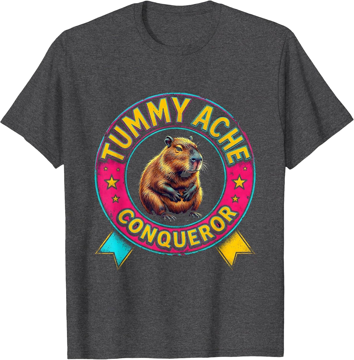 Men's Tummy Ache Conqueror Colorful Capybara Meme Humor T-Shirt - Dark Heather Grey
