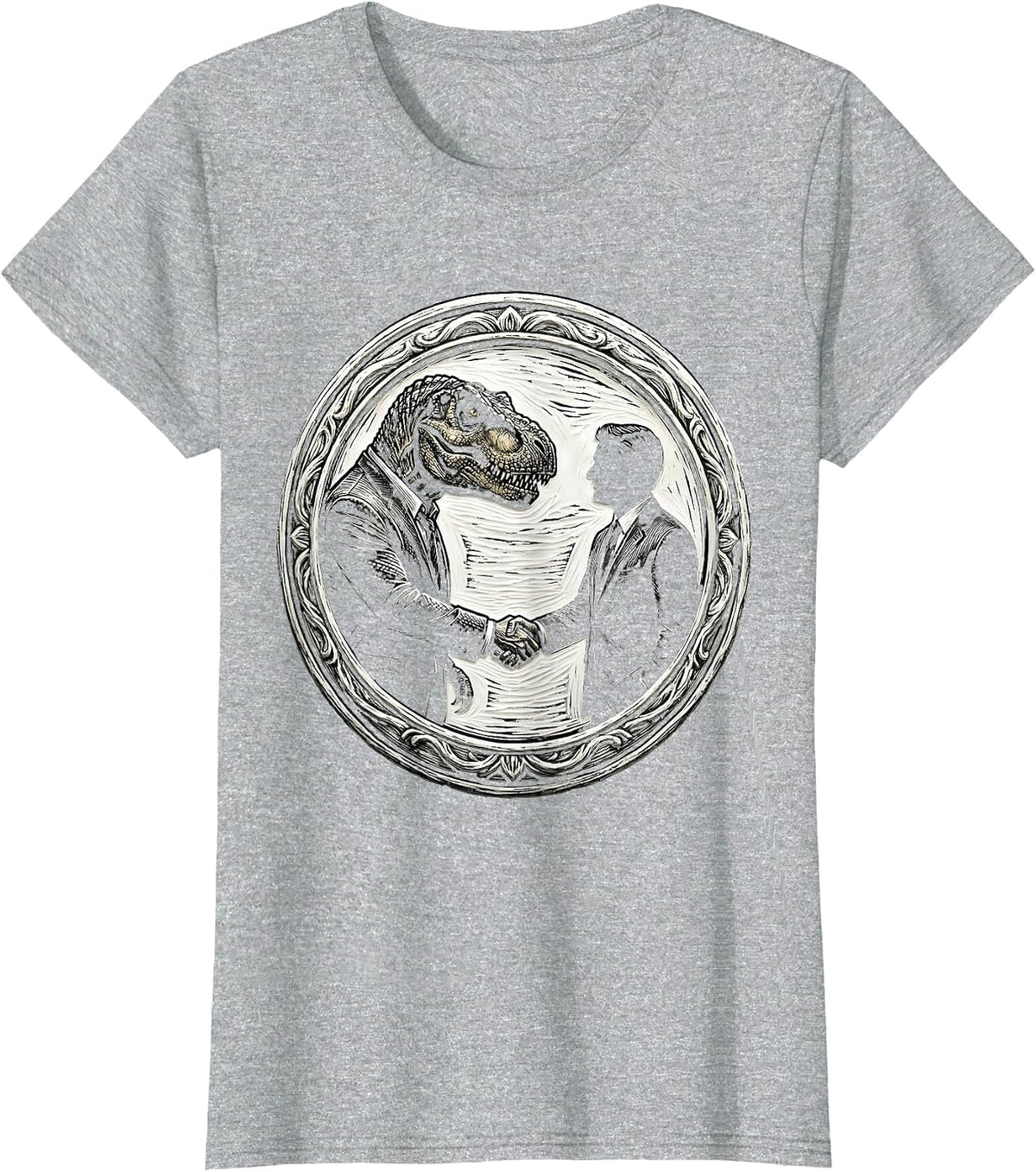 Dinosaur and Human Handshake in Suits Graphic T-Shirt - Heather Grey
