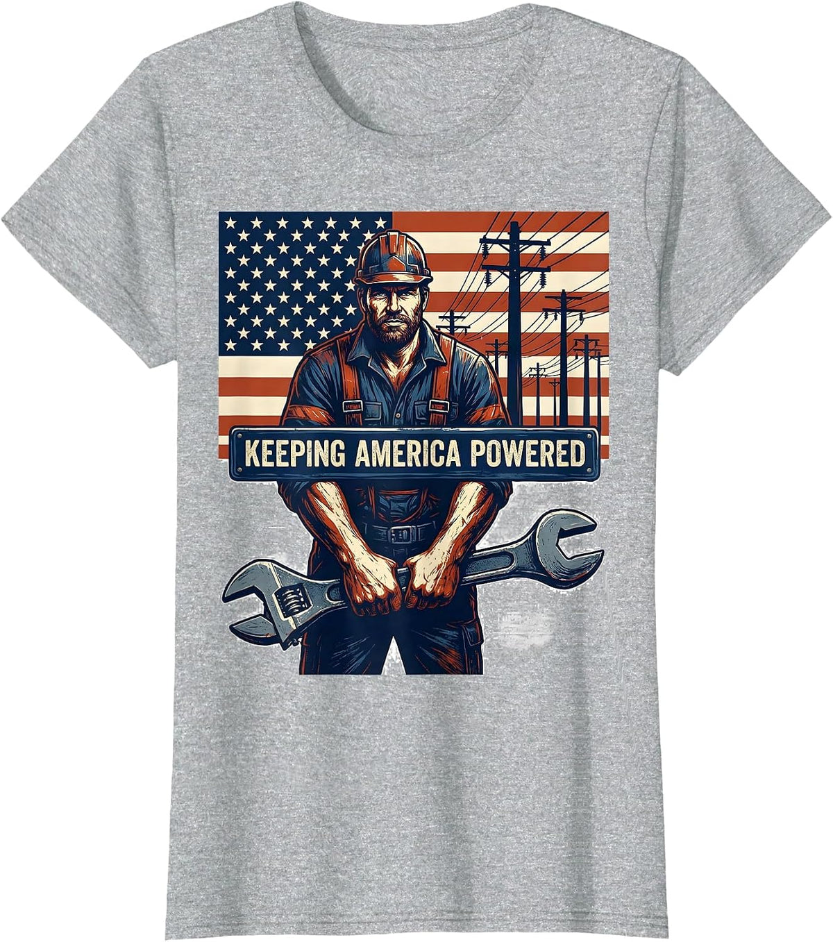 Keeping America Powered Patriotic Lineman Electrician T-Shirt - Heather Grey