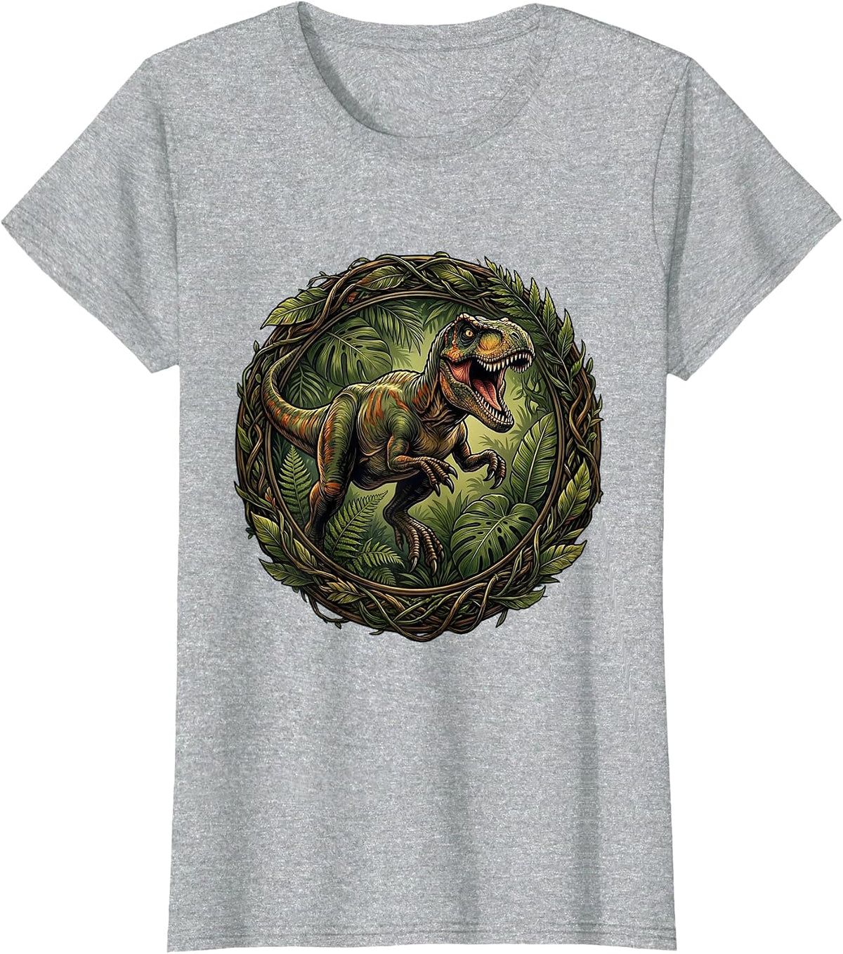 Women's Velociraptor Jungle Leap Dinosaur Illustration T-Shirt - Heather Grey