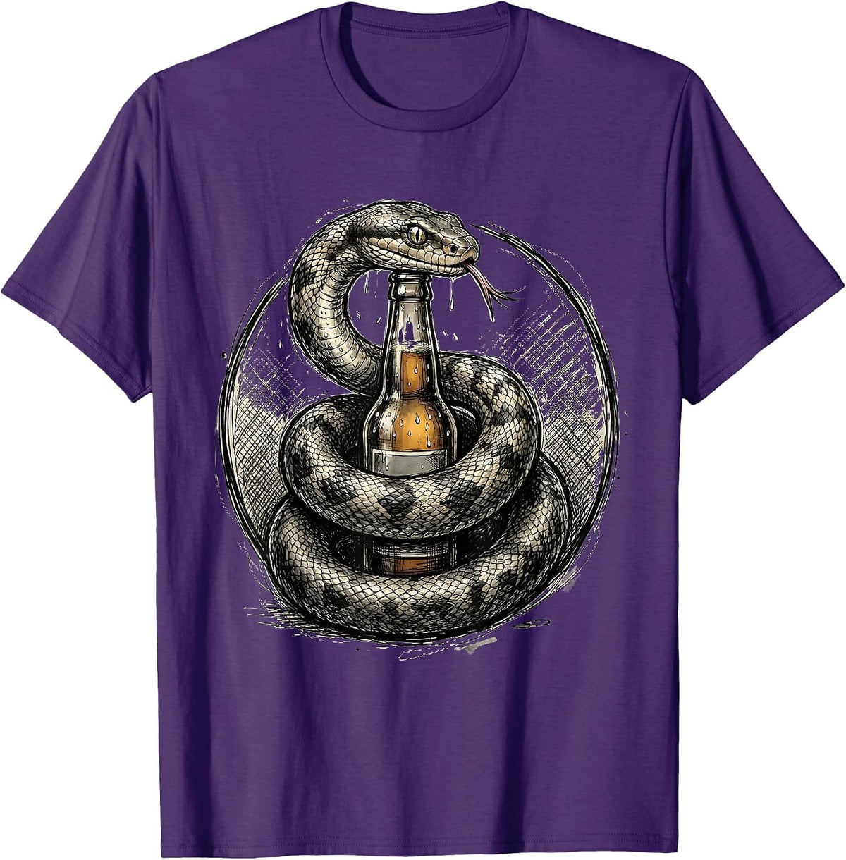 Snake Coiled Around Beer Bottle Graphic T-Shirt - Purple