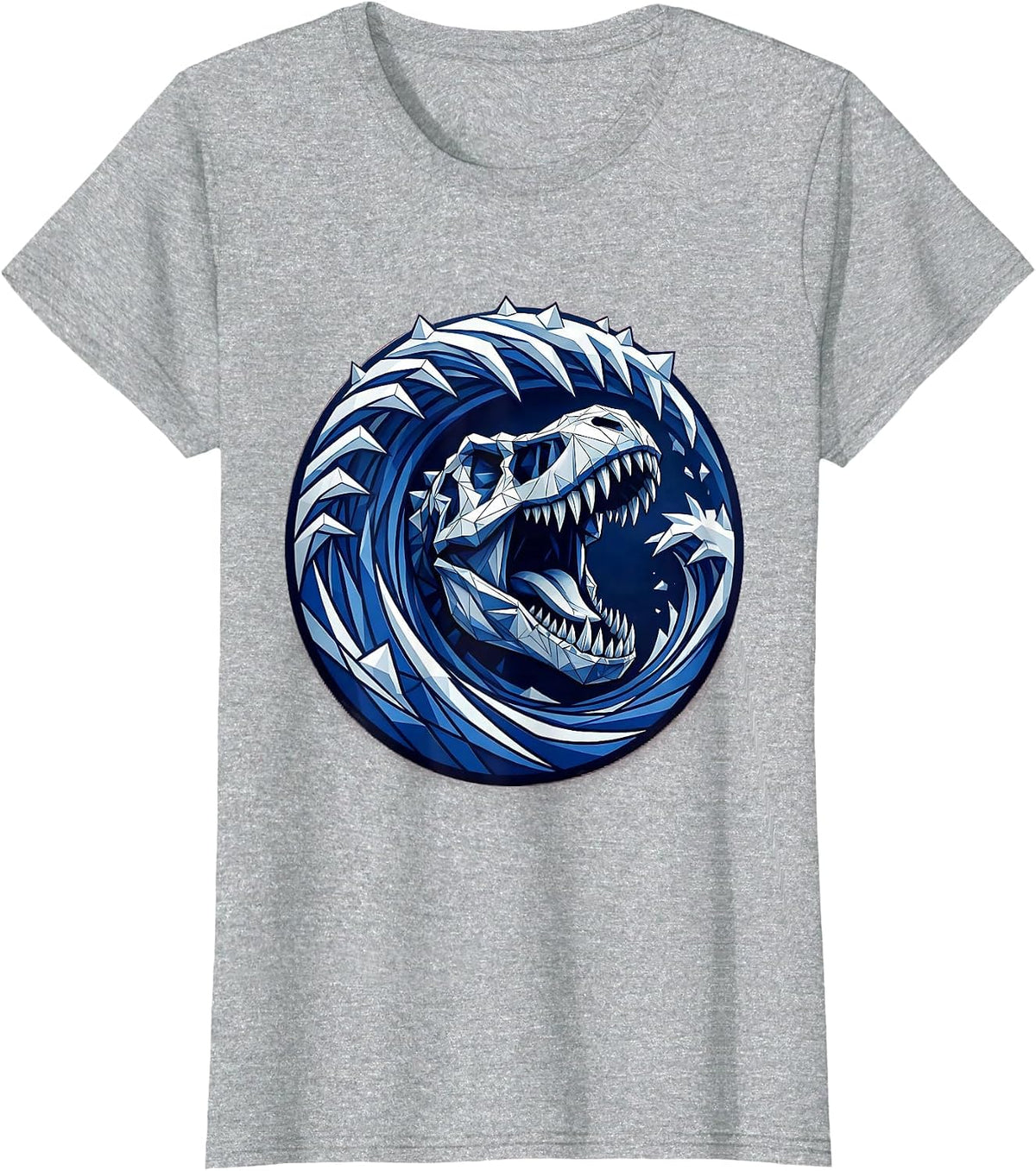 Women's T-Rex Roaring Ocean Wave Dinosaur Graphic T-Shirt - Heather Grey