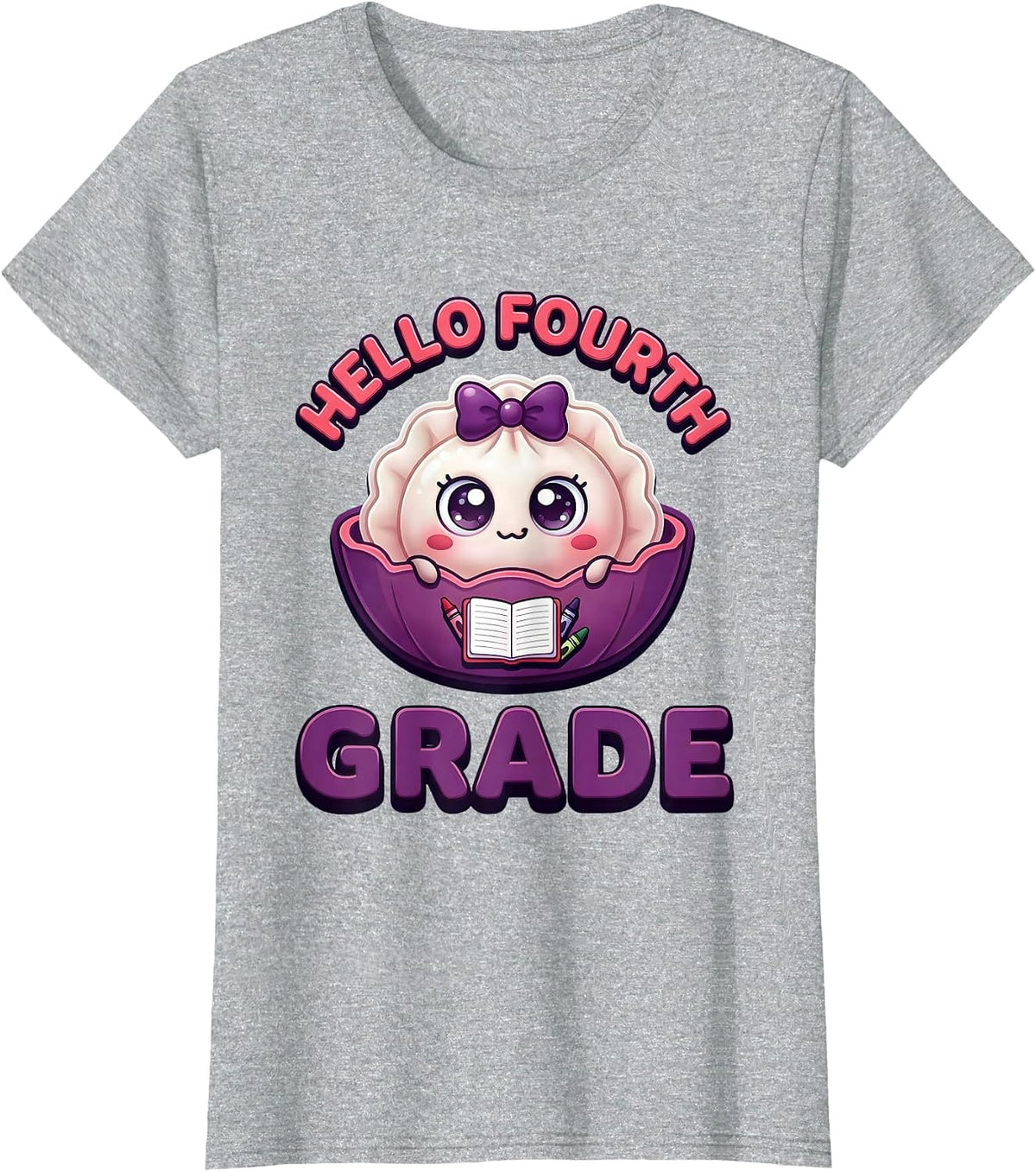 Hello Fourth Grade Cute Dumpling Back to School Girl Teacher T-Shirt, Women, Heather Grey, X-Large - As Pictured