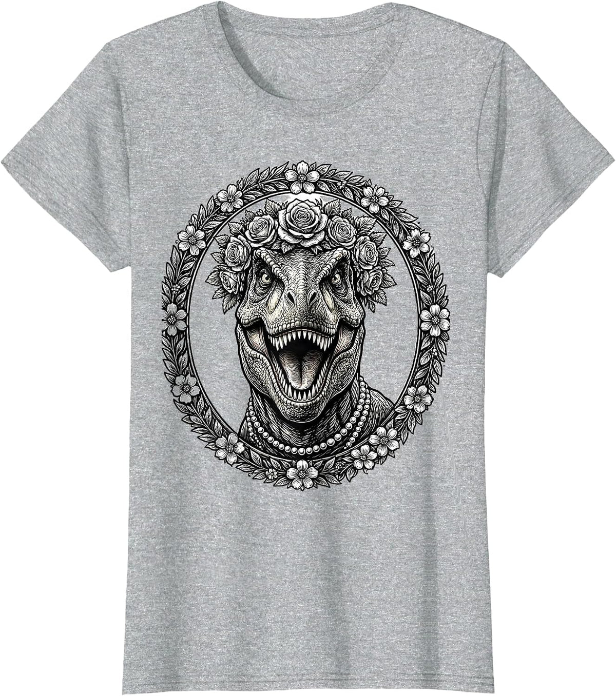 Floral Crown T-Rex Dinosaur with Pearls Design T-Shirt - Heather Grey