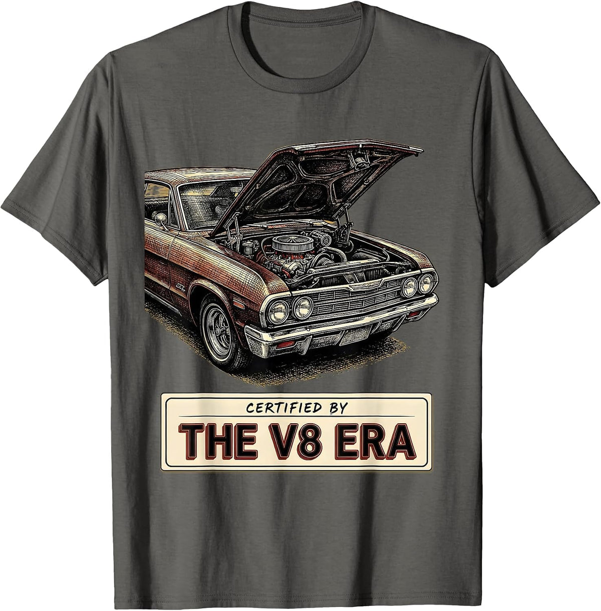 Men's Certified By The V8 Era Vintage Classic Muscle Car T-Shirt - Asphalt Grey