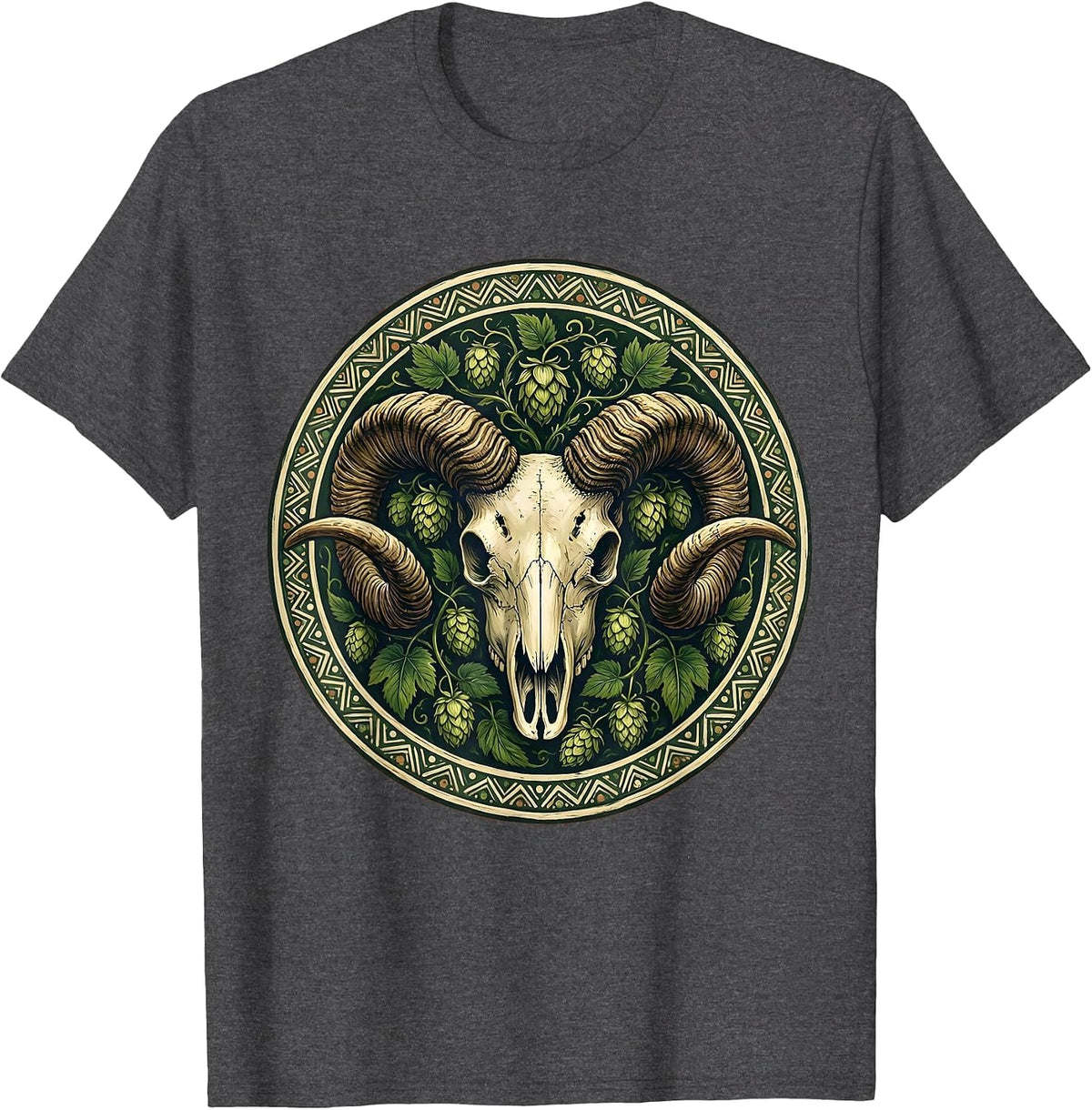 Ram Skull Hop Vines Beer Craft Brew Art T-Shirt - Dark Heather Grey