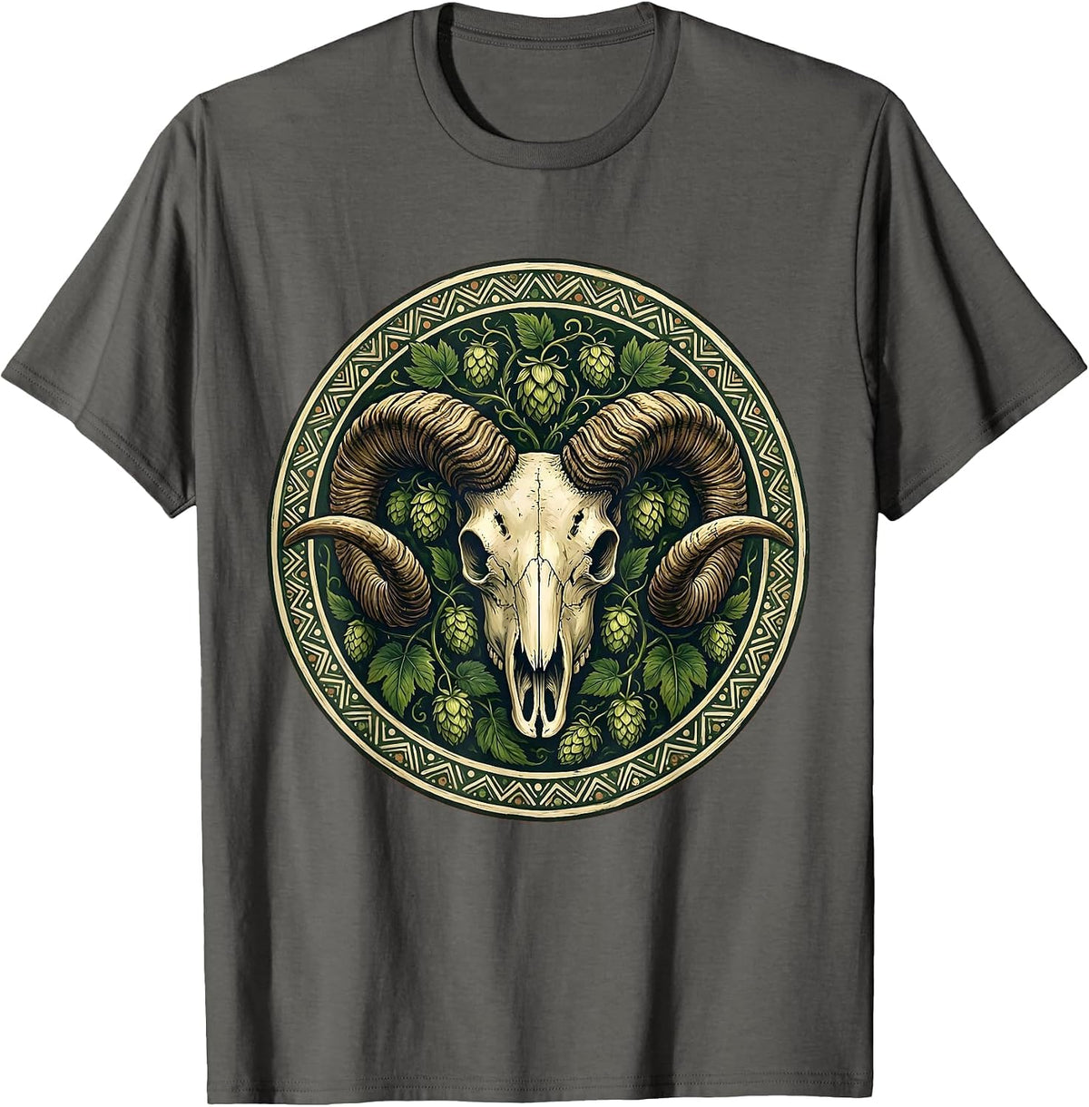Ram Skull Hop Vines Beer Craft Brew Art T-Shirt - Asphalt Grey