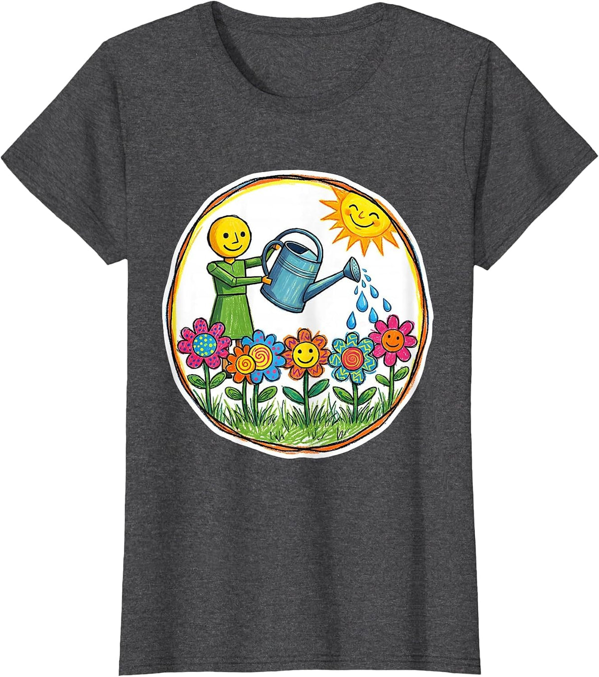 Women's Preschool Teacher Watering Children Flowers Art T-Shirt - Dark Heather Grey