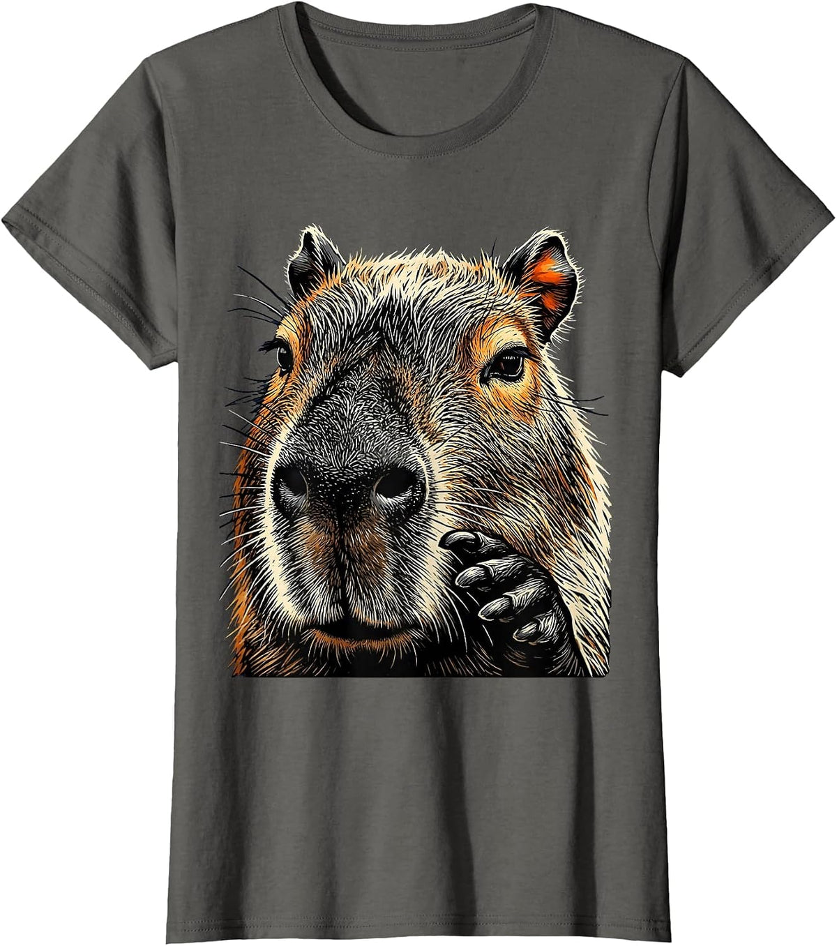 Women's Capybara Linocut Funny Animal Meme Gamer Humor T-Shirt - Asphalt Grey