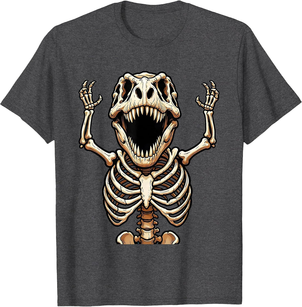 T-Rex Skeleton Mid-Roar Dinosaur Graphic T-Shirt - Dark Heather Grey
