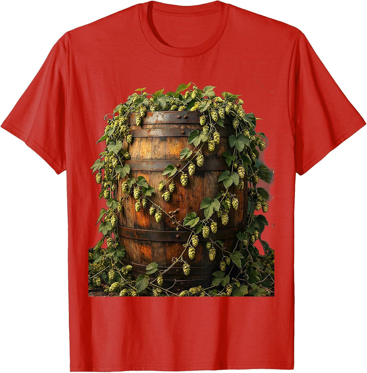 Men's Hop Vine Wrapped Barrel Craft Beer Illustration T-Shirt - Red
