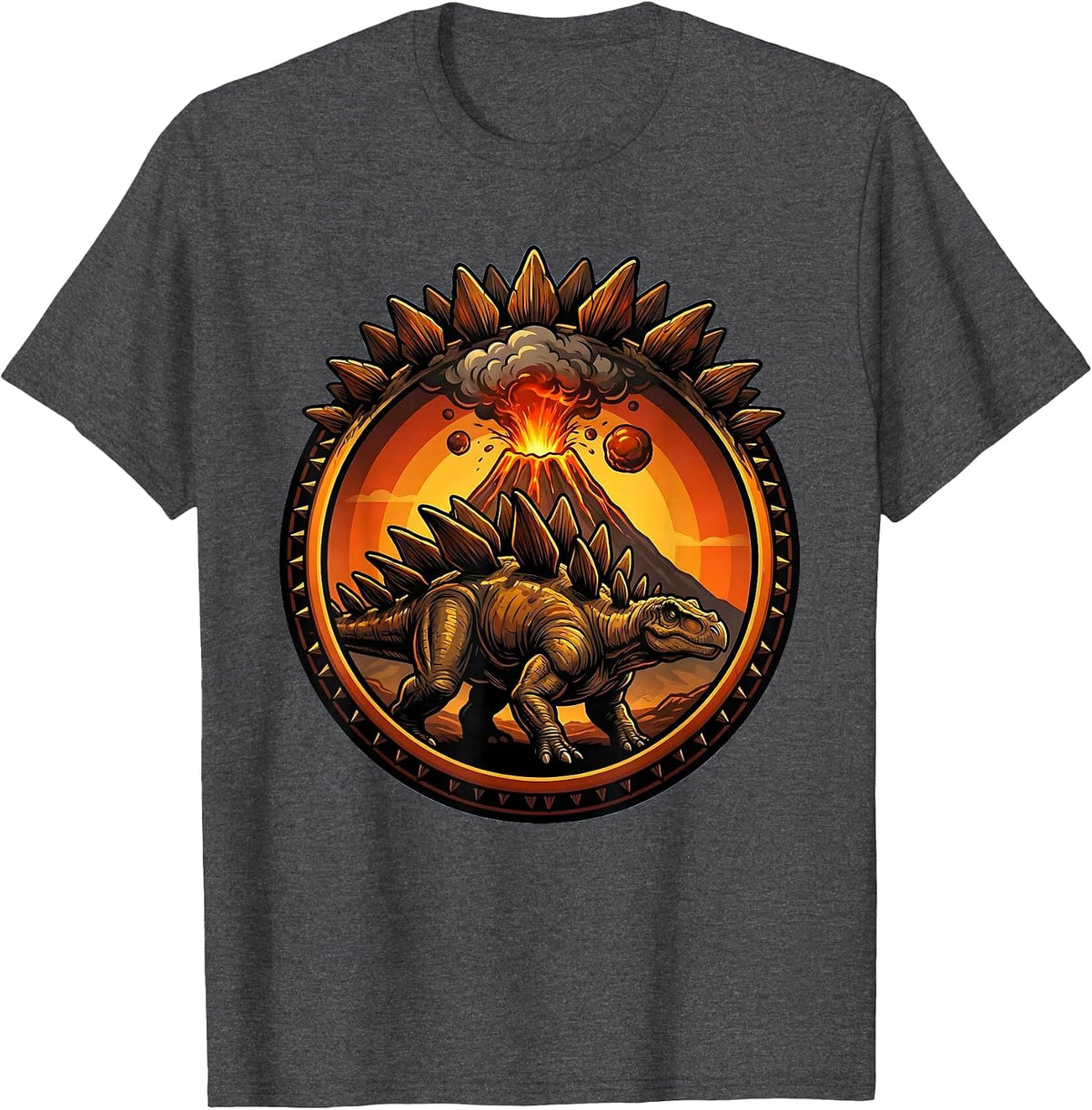 Stegosaurus Silhouette Volcano Sunset Dinosaur T-Shirt - Dark Heather Grey